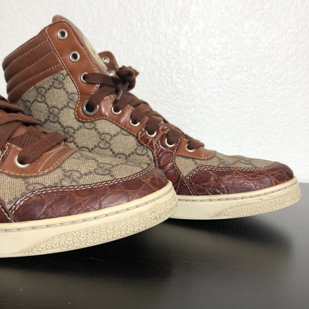 SOLD Gucci 224778 GG Imprime High Top Authentic Brown Crocodile Trim Men’s 8.5 - Picture 12 of 13